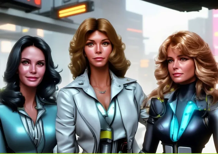 ((SFW)), extremely detailed, photorealistic,
(Cyberpunk Style) Cybergirl Charlie's Angels, smile, looking at viewer, Jaclyn Smith, Kate Jackson, Farrah Fawcett,
dramatic lighting, 1970s hairstyle, mechanical parts, (cybernetic parts), retro-futuristic clothes, city street scene,