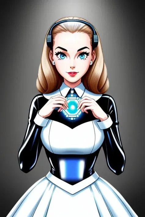 professional detailed photo of (latex 50s stepford housewife fembot) being (brainwashed by mind control forehead chip), (latex 50s stepford housewife dress:1), (high heels:1), (empty eyes:1), Brainwashed facial expression, creepy smile, (Brainwashing), (Mind Control), (Brainwashing forehead chip),