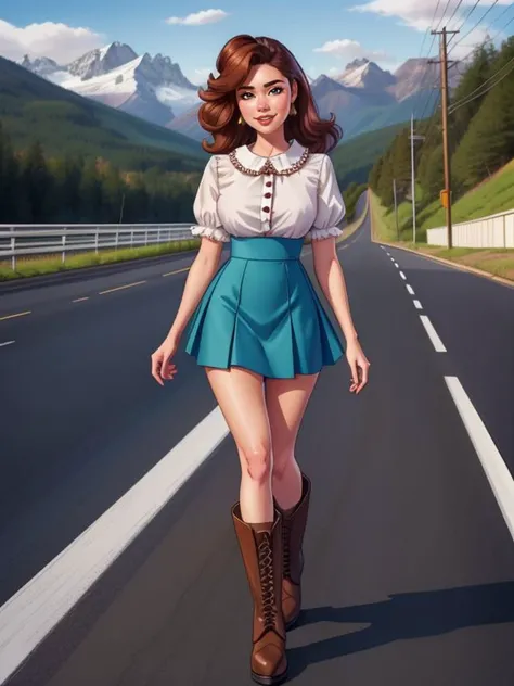 ((SFW)), 4K, UHD, Extremely detailed cartoon art  by  Ron Embleton,  
[ Auli i Cravalho | Nicole Eggert ] , blouse with ruffled collar, high-waisted skirt, and ankle boots , road scene, 
<lora:Ron_Embleton_Style:0.7>