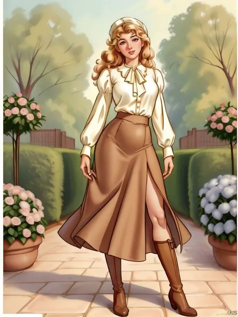 ((SFW)), 4K, UHD, Extremely detailed pinup art, 
[ Sarah McDaniel | Gisele Bundchen ] , maxi skirt with a white or cream-colored blouse, tucked in, and finished with a pair of brown or tan ankle boots , rose garden scene, 
art by  Alberto Vargas,  <lora:Alberto_Vargas_Pinup_Style:0.7>