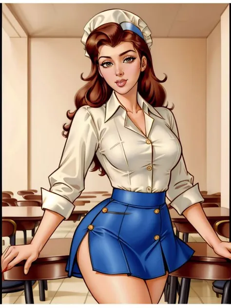 ((SFW)), 4K, UHD, Extremely detailed pinup art, 
[ Kim Kardashian | Angie Everhart ] , a-line skirt, tucked-in button-up blouse, and low-heeled pumps , cafeteria scene, 
art by  Alberto Vargas,  <lora:Alberto_Vargas_Pinup_Style:0.7>