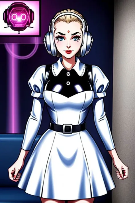 professional detailed photo of (latex 50s stepford housewife fembot) being (brainwashed by mind control forehead chip), (latex 50s stepford housewife dress:1), (high heels:1), (empty eyes:1), expressionless, creepy smile, (Brainwashing), (Mind Control), (Brainwashing forehead chip),
