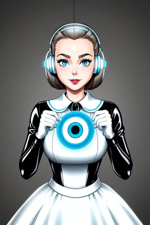professional detailed photo of (latex 50s stepford housewife fembot) being (brainwashed by mind control forehead chip), (latex 50s stepford housewife dress:1), (high heels:1), (empty eyes:1), (blank expression:1), creepy smile, (Brainwashing), (Mind Control), (Brainwashing forehead chip),