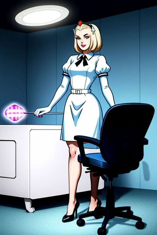 professional detailed photo of (latex 50s stepford housewife fembot) being (brainwashed by mind control forehead chip), (latex 50s stepford housewife dress:1), (high heels:1), (empty eyes:1), Brainwashed facial expression, creepy smile, (Brainwashing), (Mind Control), (Brainwashing forehead chip),