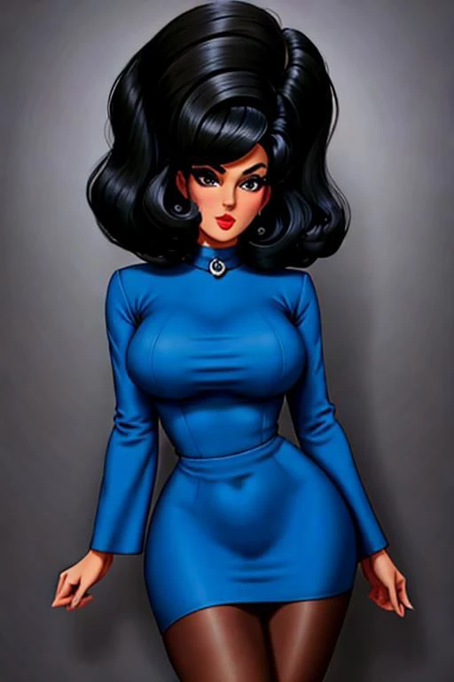 professional portrait, (big bouffant dark brunette 60's short bob hair:1.5), retro-girl(blue dress, mini dress, summer attire:1.4), denise<lora:dns:1.0>bimbostyle, thick eyebrows, puffy lips, red lipstick, blush, heavy makeup, smirk, (high detailed face:1.1), <lora:add_detail:1>, (huge jet black 60's hair:1.3) (pale skin:1.3), <retrobunny:1.45>, (huge jet black 60's hair, huge jet black 60's bouffant hairstyle, huge jet black 60s hair, huge jet black flip hairstyle, huge jet black hair flip, huge jet black very big 60s bouffant hairstyle:1.5), Pinup Art by Gil_Elvgren and Haddon_Sundblom, [ Emmanuelle Vaugier | Nancy McKeon ], dynamic pose, gorgeous figure, ultra detailed photograph, wearing a heavy white sweater, natural body posture, captured with a 85mm lens, bokeh, ultra accurate detailed, bokeh lighting, surrealism, dark eye makeup, in the style of jessica drossin, brown hair, brown eyes, nail polish, lips, plant, realistic, soft lighting, professional Photography, 4k, realistic, (photorealistic:1.3), (shadows:1.2), finely detailed face, flawless seductive big bright blue eyes, luscious lips, wide jaw, detailed skin, glossy skin, skindentation, narrow waist, realistic, perfect anatomy, glamorous pose, perfect proportions, (masterpiece:1.5), (best quality:1.5), (intricate details:1.5), (sharpen details), (ultra detailed face, ultra detailed eyes, ultra detailed mouth, ultra detailed body, ultra detailed hands, ultra detailed clothes:1.5), ((frontview closeup:1.5)),