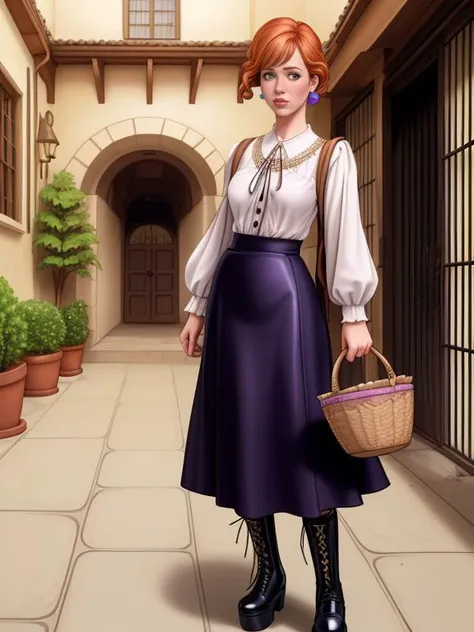 Molly Ringwald , crayon (medium) style outfit, peasant blouse with a full midi skirt, a pair of heeled clogs or lace-up boots, and a basket bag , courtyard
glossy skin, smooth skin,