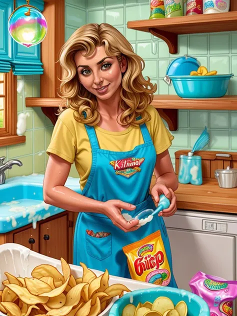 [Aly Michalka|Farrah Fawcett] Washing Dishes, Kitschy Kitchen with a large kitchen sink with Lots of soap suds, Soapy Skin, (soap bubbles), lots of Kitschy Art on shelves, (Potato Chip Bag), (bag of chips),