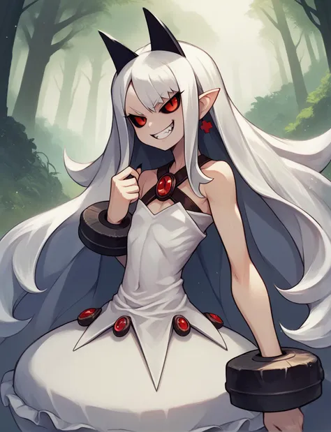 score_9, score_8_up, score_7_up, source_anime, solo, 1girl, pram \(phantom kingdom\), white dress, , long hair, white hair, evil grin, black sclera, __forest__, , , <lora:pram_PDXL-000001:1>