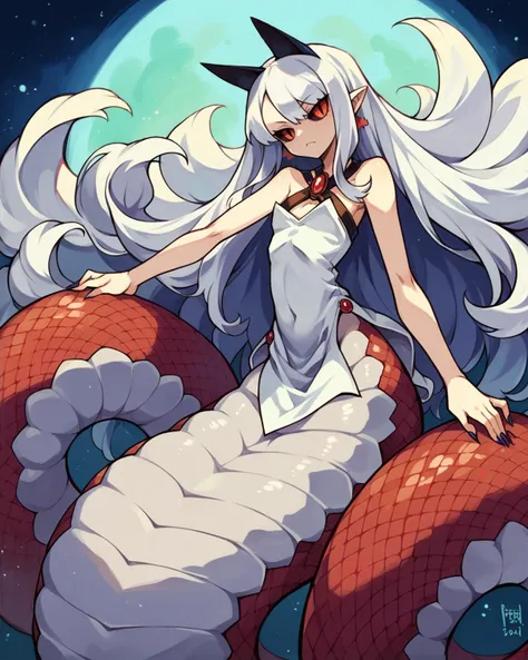score_9, score_8_up, score_7_up, source_anime, solo, 1girl, pram \(phantom kingdom\), white dress, lamia, long hair, white hair, , black sclera, space station, twisted torso, , <lora:pram_PDXL-000001:1>