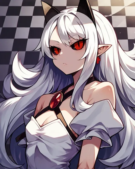 score_9, score_8_up, score_7_up, source_anime, solo, 1girl, pram \(phantom kingdom\), white dress, , long hair, white hair, , black sclera, checkered background, , , <lora:pram_PDXL-000001:1>