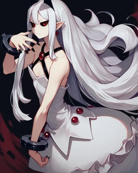 score_9, score_8_up, score_7_up, source_anime, solo, 1girl, pram \(phantom kingdom\), white dress, , long hair, white hair, , black sclera, multicolored background, , , <lora:pram_PDXL-000001:1>