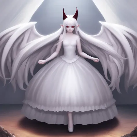 (absurdres), (masterpiece), (highest quality), (best quality), (sharp focus), (soft lighting), realistic, (beautiful), a photo of pram in hell, long hair, bangs, red eyes, white hair, pointy ears, black sclera, horns, white dress, wings, full body