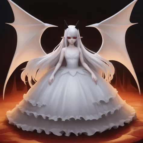 (absurdres), (masterpiece), (highest quality), (best quality), (sharp focus), (soft lighting), realistic, (beautiful), a photo of pram in hell, long hair, bangs, red eyes, white hair, pointy ears, black sclera, horns, white dress, wings, full body