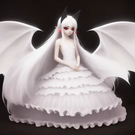 (absurdres), (masterpiece), (highest quality), (best quality), (sharp focus), (soft lighting), realistic, (beautiful), a photo of pram in hell, long hair, bangs, red eyes, white hair, pointy ears, black sclera, horns, white dress, wings, full body