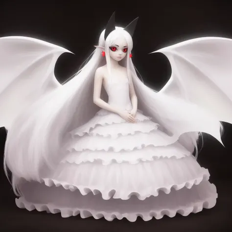 (absurdres), (masterpiece), (highest quality), (best quality), (sharp focus), (soft lighting), realistic, (beautiful), a photo of pram in hell, long hair, bangs, red eyes, white hair, pointy ears, black sclera, horns, white dress, wings, full body