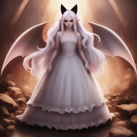 (absurdres), (masterpiece), (highest quality), (best quality), (sharp focus), (soft lighting), realistic, (beautiful), a photo of pram in hell, long hair, bangs, red eyes, white hair, pointy ears, black sclera, horns, white dress, wings, full body