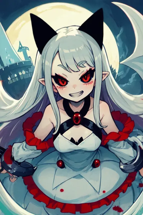 <lora:pram_V1:1>, Adorable , Natural Volumetric Lighting And Best Shadows, Deep Depth Of Field, Sharp Focus, Portrait Of Stunningly Beautiful White Demon Girl, Soft Delicate Beautiful Attractive Face With Alluring Sharp Eyes, (Black Sclera Red Iris:1.05), Lovely Small Breasts, Sharp Eyeliner, Vicious Grin, Open Mouth With Cute Fangs Out, Windswept Disheveled White Hair, Thick Layered Absurdly Long Hairstyles, Blush Eyeshadow With Thick Eyelashes, Parted Lips, Pale Skin, Pointy Ears, Metal Handcuffs, White Bare Shoulders One-Piece Dress, Red Jewel, White Demon Wings And Black Cat Ears, (Castle Tower Bottom View:1.4), Blood Red Moon Night, (Floating In Air, Grey Cloudy Sky:1.2), (Highest Quality, Amazing Details:1.4), Masterpiece, Aesthetic, Picturesque, Brilliant Colorful Paintings