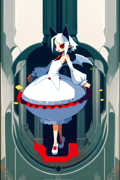 masterpiece, best_quality, 1girl, solo, pram \(phantom kingdom\), phantom kingdom, red eyes, black sclera, white wings, bat wings, pointy ears, horns, albino, white dress, bubble skirt, harada takehito,