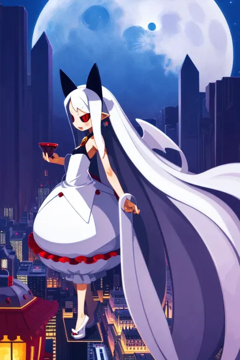 masterpiece, best_quality, 1girl, solo, pram \(phantom kingdom\), phantom kingdom, red eyes, black sclera, white wings, bat wings, pointy ears, horns, albino, white dress, long hair, bubble skirt, castle, night, full moon, harada takehito,