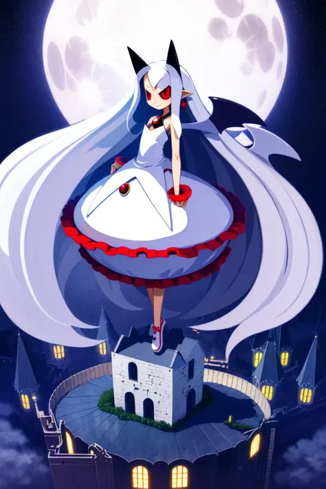 masterpiece, best_quality, 1girl, solo, pram \(phantom kingdom\), phantom kingdom, red eyes, black sclera, white wings, bat wings, pointy ears, horns, albino, white dress, long hair, bubble skirt, castle, night, full moon, harada takehito,