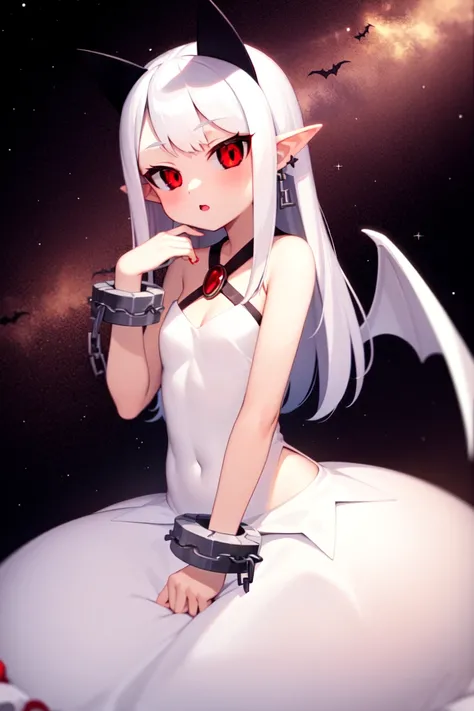masterpiece, best_quality, 1girl, solo, pram \(phantom kingdom\), phantom kingdom, red eyes, black sclera, white wings, bat wings, pointy ears, horns, albino, white dress, bubble skirt, wrist cuffs, chain, space,