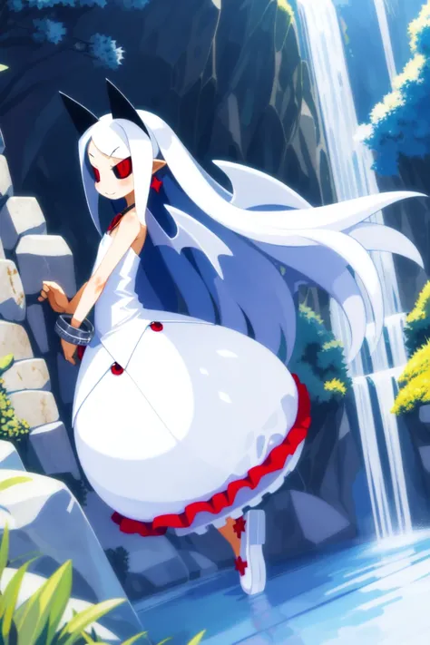 masterpiece, best_quality, 1girl, solo, pram \(phantom kingdom\), phantom kingdom, red eyes, black sclera, white wings, bat wings, pointy ears, horns, albino, white dress, long hair, bubble skirt, waterfall, harada takehito,