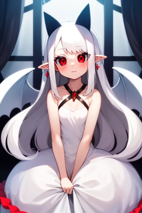 masterpiece, best_quality, 1girl, solo, pram \(phantom kingdom\), phantom kingdom, red eyes, black sclera, white wings, bat wings, pointy ears, horns, albino, white dress, bubble skirt