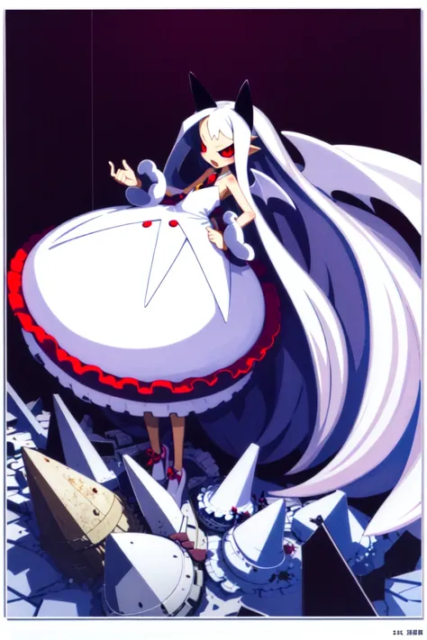masterpiece, best_quality, 1girl, solo, pram \(phantom kingdom\), phantom kingdom, red eyes, black sclera, white wings, bat wings, pointy ears, horns, albino, white dress, bubble skirt, long hair, harada takehito,