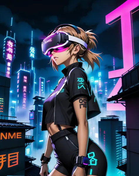 neon sign saying ANIME in big letters in the background, wearing futuristic virtual reality headset, (blindfold:1.2), to the right, leaning her head backwards, standing on top of rooftop, a cyberpunk Tokyo