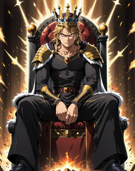 anime still, anime king sitting on his throne, dominating, angry, stern, powerful, commanding, dynamic pose