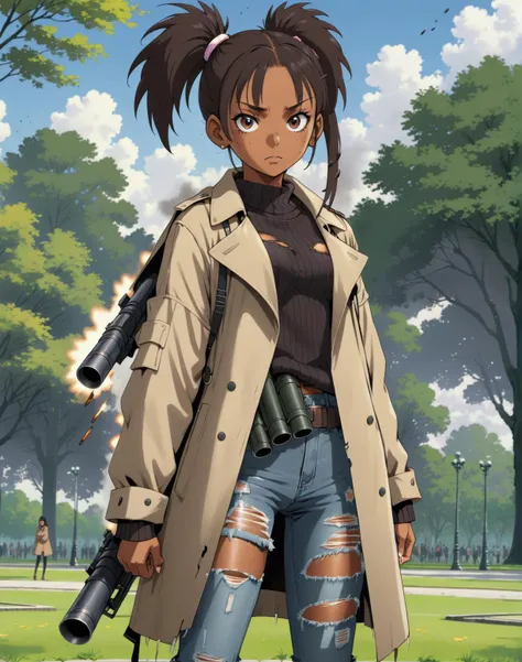 anime still, anime style portrait of a girl with tanned dark skin holding a bazooka standing in a park, wearing a sweater and open trench coat with ripped torn jeans and pigtails