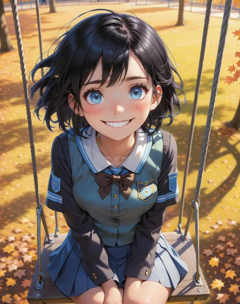 anime style, detailed deep shimmering eyes, pastel color, from above, upper body, girl sitting on a swing in her school uniform, smiling, black hair, blue eyes, autumn, park