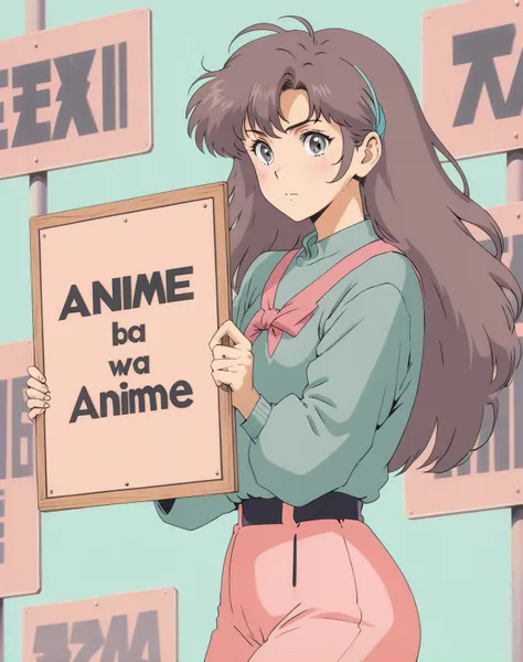 80s anime still, anime retro, muted pastel colors, Woman holding a sign saying ANIME