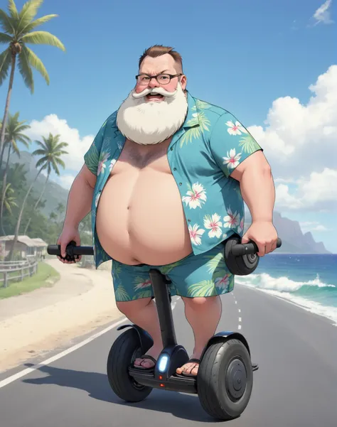 anime style, a fat tourist wearing an hawaiian shirt riding a segway on a seaside road, white beard