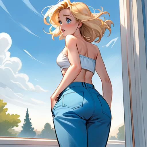 illustration,comic,novel illustration,1girl,Windy Russ Alice,blonde_hair,blue_pants,white tube top,stood up,stretched her body,and walked to the window to look outside. The sky was already starting to brighten.,