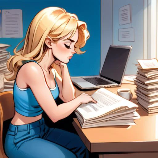 illustration,comic,novel illustration, On the desk, there is a laptop, a stack of thick printed manuscripts, and several empty coffee cups. 1girl,Windy Russ Alice,blonde_hair,blue_pants,white tube top, sits at the desk, one hand supporting her chin, her eyes closed in deep contemplation.