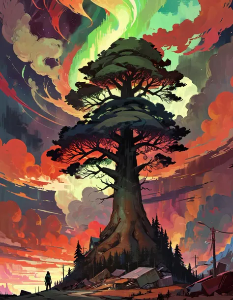 disco elysium, (red skies), sunset, sunrise, apocalypse, (yggdrasil the world tree), landscape, northern lights, fibonacci sequence, fractal spiral, abstract, colorful,