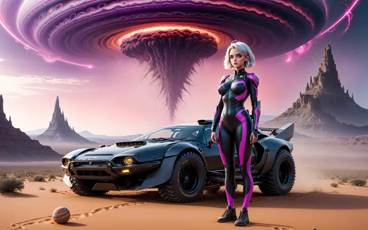 (masterpiece photo of 1girl standing in front of vehicle:1.3) ,full body wide angle cinematic shot [standing on path leading to alien city under glass dome], surreal purple sky,(standing woman holding tablet device:1.3), (vehicle focus:1.3),alien planet, surreal desert terrain, arm extended holding tablet, standing next to widebody++ cyberpunk++ prerunner rally offroad car style of (Giorgetto Giugiaro:1.4), (style of Gordon Murray), (style of Horacio Pagani:0.8),dark stormy clouds of jupiter paintjob wrap, [alien sky], (magenta and black cloudy skies storms of jupiter depth shadows), [ringed planet in distance], dust trails, dust devil <lora:Drone_Cars_XL:0.5>,BREAK, BREAK,(pale, 24 years old, large covered breasts, cleavage, skinny waist, young european woman, futuristic fashionista:1.5), utility belt, map, (Oval-shaped face, luminous complexion, aqua+ almond-shaped eyes, thin high arched eyebrows, small upturned nose, cupid's bow lips:1.2),(backlit sliced bob medium center part white hair:1.3),form-fitting high tech racesuit with neon magenta accents that highlight her silhouette,(dragon scale leggings:1.1),volumetric lighting