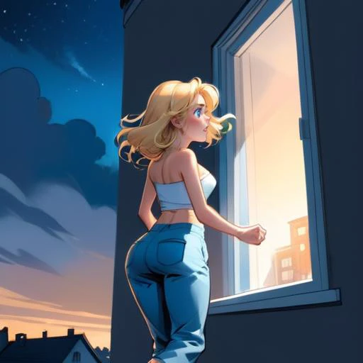 illustration,comic,novel illustration,1girl,Windy Russ Alice,blonde_hair,blue_pants,white tube top,stood up,stretched her body,and walked to the window to look outside. the sky is dark,but eastrn is beginning to brighten