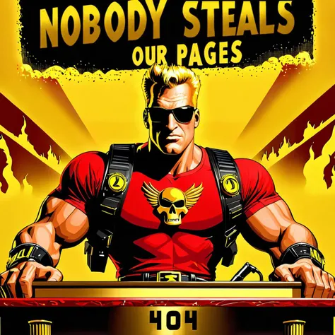 Duke Nukem, sunglasses, ammo belt, red shirt, on a speech podium, microphones, large golden engraved radioactive symbol, (text reading "Nobody steals our pages. And lives.":1.8), (masterpiece, best quality, ultra detailed, highres, absurdres:1.2)