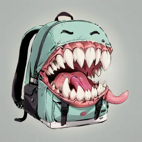 cartoon:1.5, flat colors, large teeth, lange tongue, gaping mouth, a backpack mimic, cute, <lora:mimics-sdxl-prod-e:1> , outline:1.5,