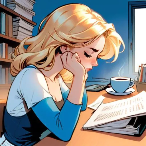 illustration,comic,novel illustration, On the desk, there is a laptop, a stack of thick printed manuscripts, and several empty coffee cups. 1girl,Windy Russ Alice,blonde_hair,blue_pants,white tube top, sits at the desk, one hand supporting her chin, her eyes closed in deep contemplation.
