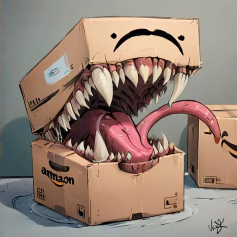 cartoon:1.5, flat colors, large teeth, lange tongue, gaping mouth, a amazon box mimic, cute, <lora:mimics-sdxl-prod-e:1> , outline:1.5,