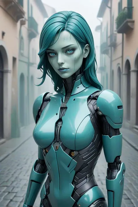 a integrated synthetic android and close up bust shot in a running through italian town in the style of teal aesthetic, moist foggy