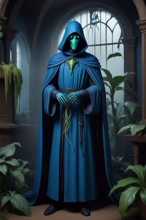 a silent and blue surcoat in a haunted house themed in the style of modelsociety, deadly alien plants