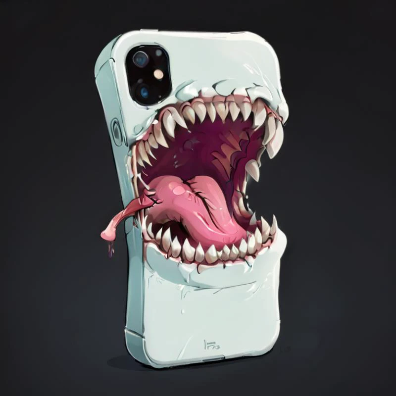 cartoon:1.5, flat colors, large teeth, lange tongue, gaping mouth, a iphone mimic, cute, <lora:mimics-sdxl-prod-e:1> , outline:1.5,