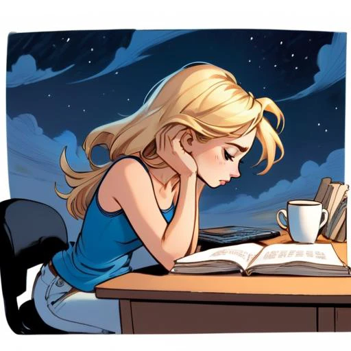 illustration,comic,novel illustration,at night,sky is dark,on the desk,there is a laptop,a stack of thick printed manuscripts,and several empty coffee cups. 1girl,Windy Russ Alice,blonde_hair,blue_pants,white tube top,sits at the desk,one hand supporting her chin,her eyes closed in deep contemplation.,