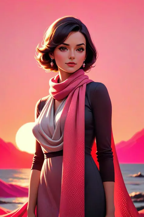 a wearing a scarf and wearing a formal dress in a redpink sunset in the style of halftone texture, 4 khd