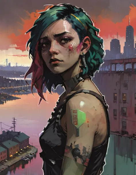 disco elysium, inkpunk, long distance shot of green haired punk woman overlooking a city harbor, (urban), (cyberpunk), ((red skies)), warm sunset, ocean reflection, hazy smog