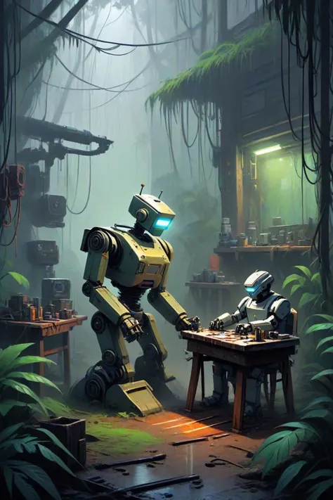 a scratched and robot repair workshop in a thunder in the foggy jungle in the style of painting illustration, peaceful mood